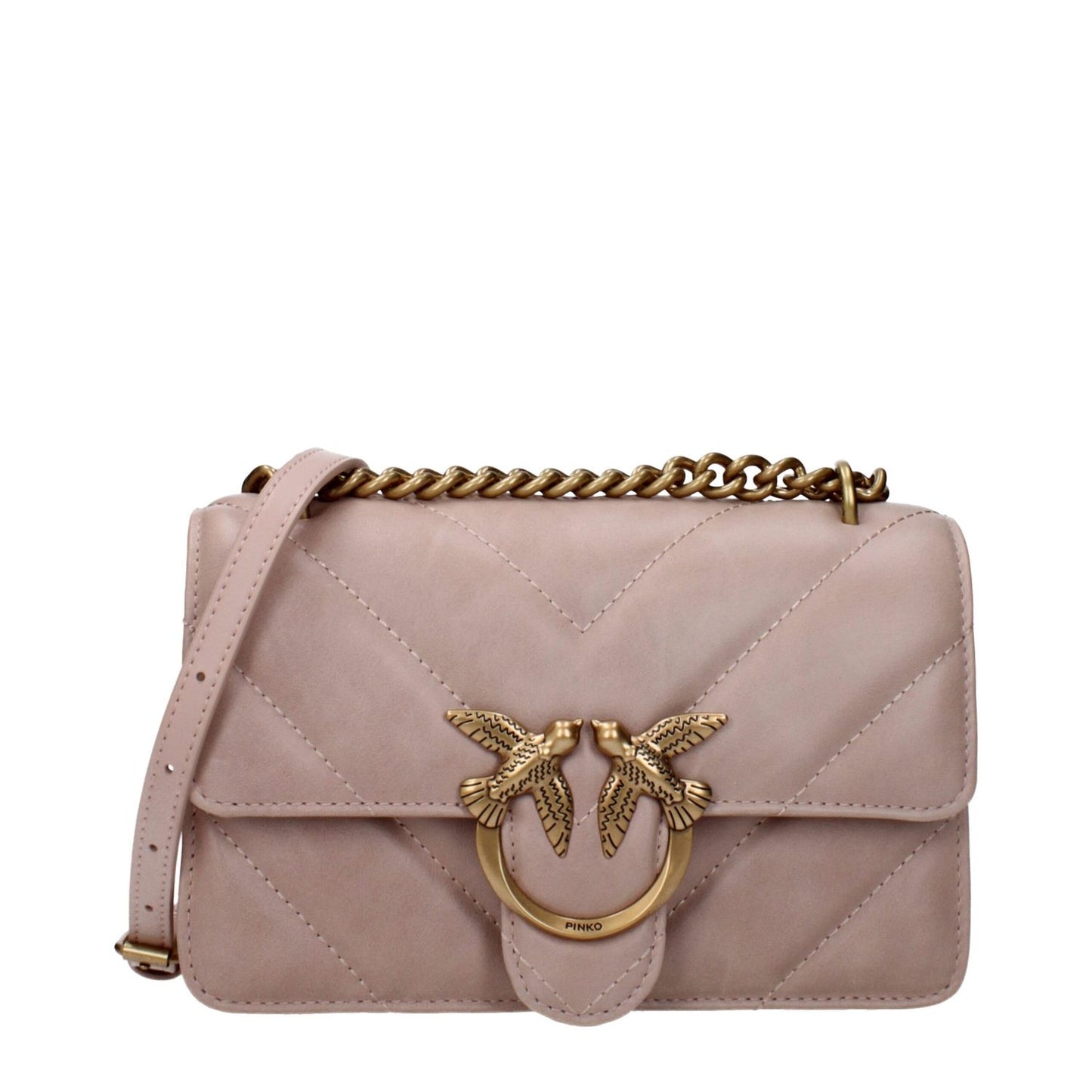 PINKO Pink Leather Crossbody Bag with gold front logo, aged vintage effect, adjustable strap, and dual compartments.