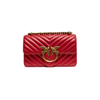PINKO Red Leather Love One Mini Shoulder Bag with metal buckle and chain strap