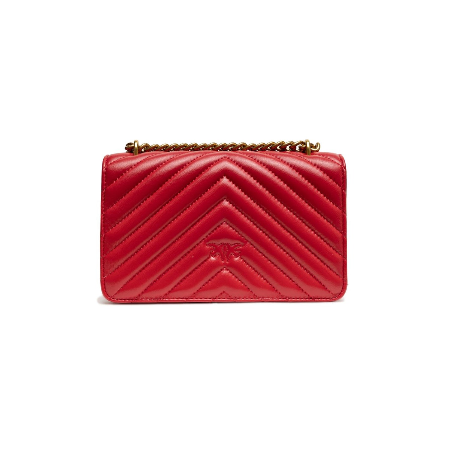 PINKO Red Leather Love One Mini Shoulder Bag with chevron design and chain strap