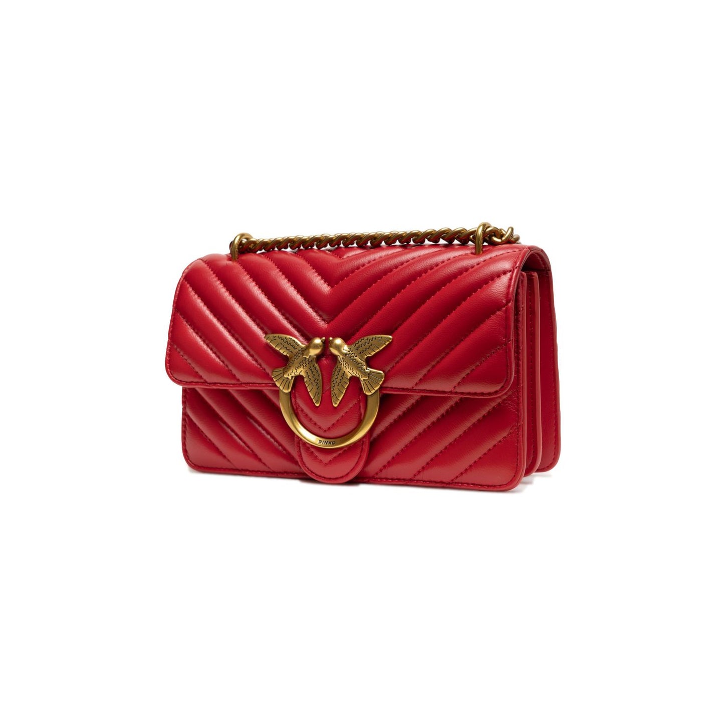 PINKO Red Leather Love One Mini Shoulder Bag with iconic Love Birds buckle and chain strap, luxury designer purse.