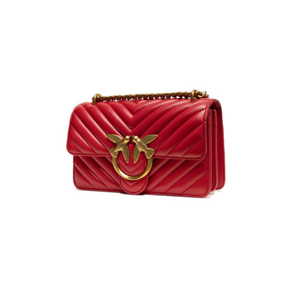 PINKO Red Leather Love One Mini Shoulder Bag with iconic Love Birds buckle and chain strap, luxury designer purse.