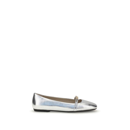 PINKO Silver Calf Leather Bos Taurus Ballet Flats with decorative loop, round toe, made of 100% calf leather. Autumn Winter collection.