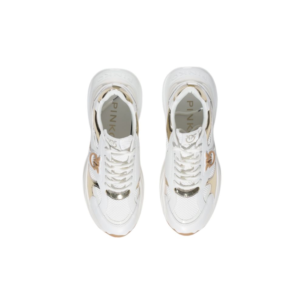 Top view of PINKO White Leather Chunky Sneakers with mesh inserts and mirror-effect details, showcasing contemporary style and comfort.
