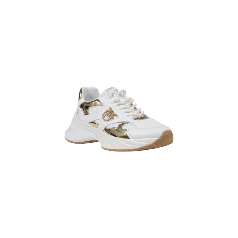 PINKO White Leather Chunky Sneakers with gold details and mesh inserts showcasing modern design and thick sole for cushioning.
