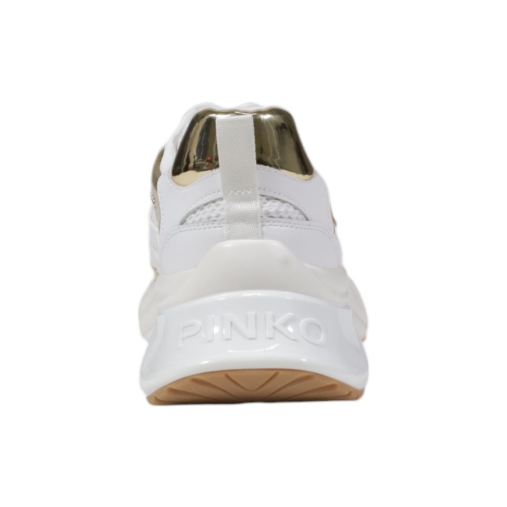Rear view of PINKO White Leather Chunky Sneakers showcasing the thick sculpted sole and mirror-effect details for a stylish look.