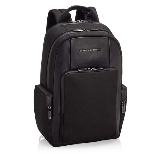 PORSCHE PELLETTERIA MOD. ONY01613-001 black backpack with multiple compartments and zippers, sleek design.