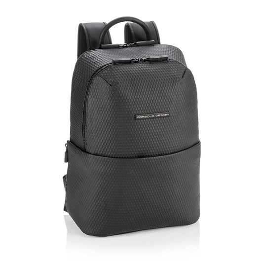 Black backpack from PORSCHE PELLETTERIA MOD. OSU01623-001 collection with textured design, front view.