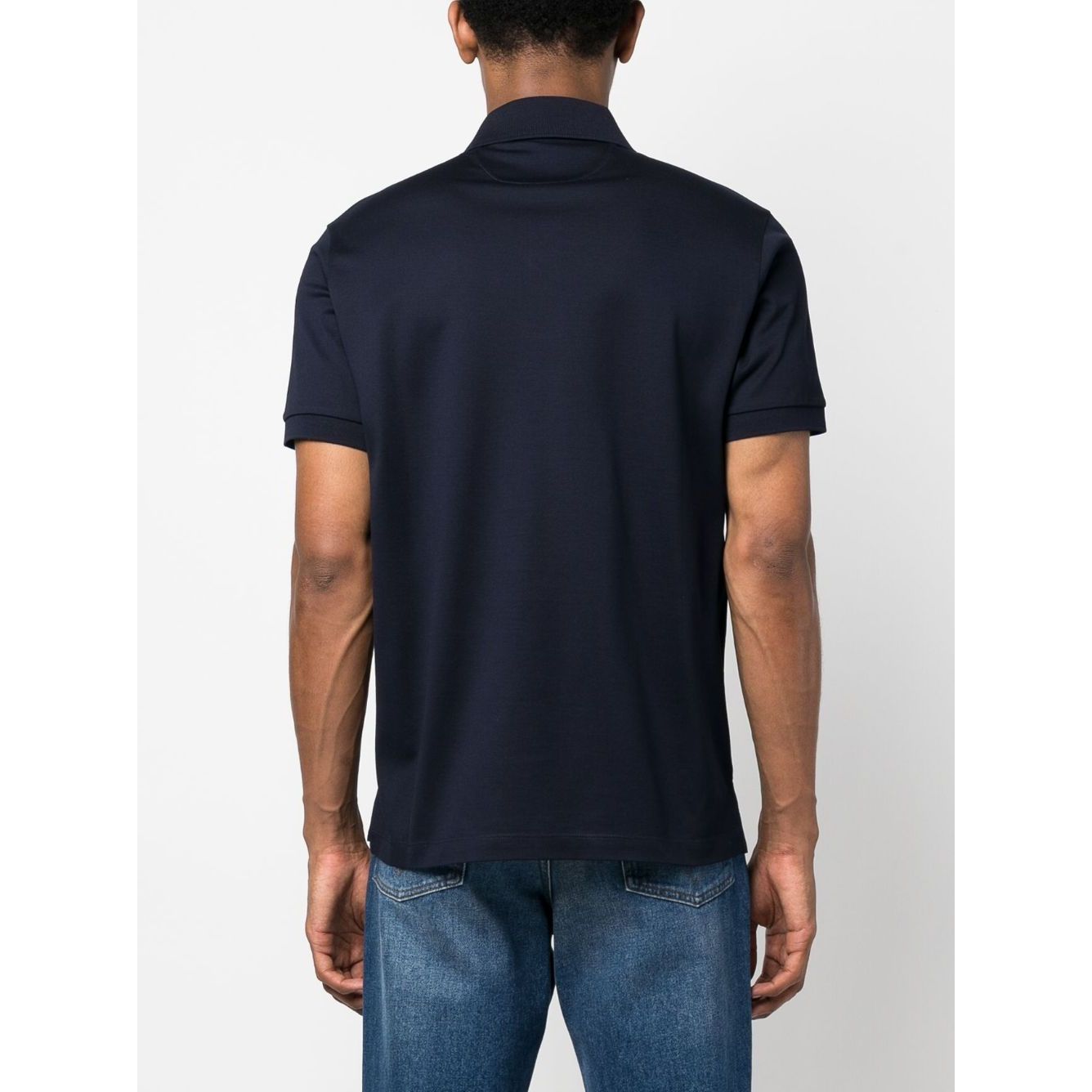 Back view of a navy blue PS By Paul Smith T-shirts and Polos Blue with rainbow stripe cotton polo collar and short sleeves.