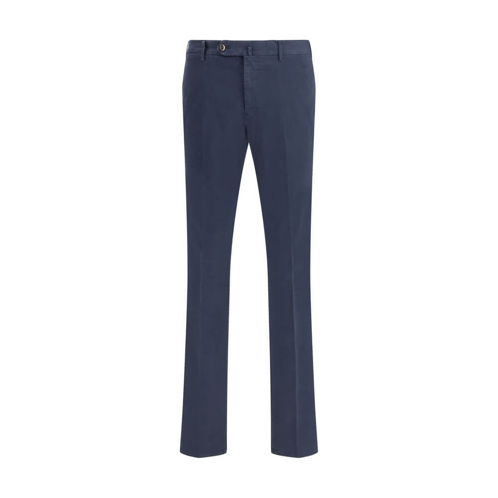 PT Torino Blue Cotton Casual Pants featuring regular fit, front button, and zipper closure with side and back pockets.