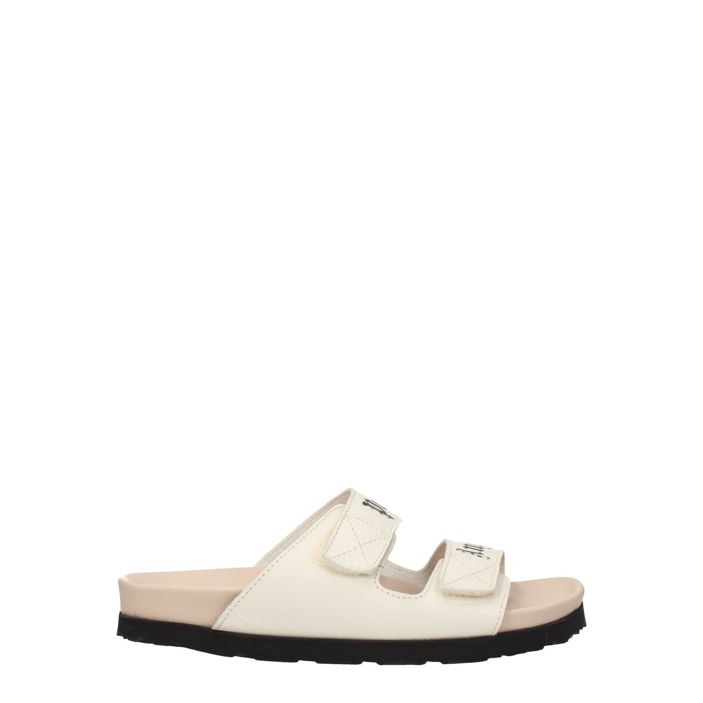 Palm Angels Beige Leather Flat Sandals with strap closure, featuring a front logo and rubber sole, open toe design.