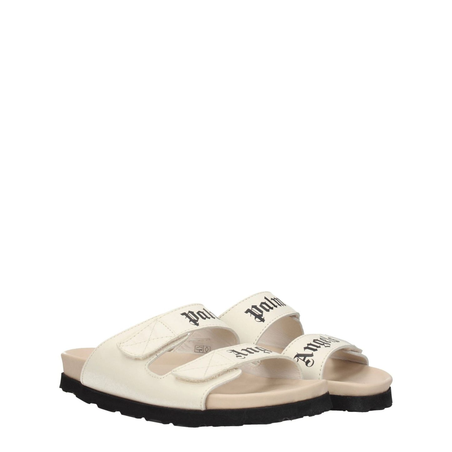 Palm Angels Beige Leather Flat Sandals with open toe and strap closure, featuring front logo and rubber sole.