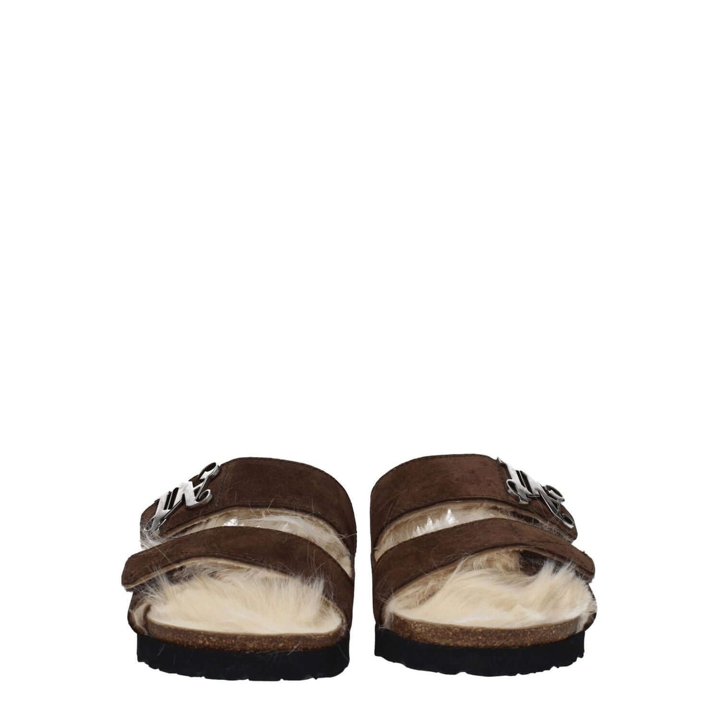 Palm Angels Brown Leather Slippers with suede material and front logo, featuring an open toe and strap closure, designed for casual style.