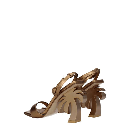 Palm Angels Gold Leather Platform Sandals with palm tree heel design, open toe, and buckle closure, perfect for casual style.