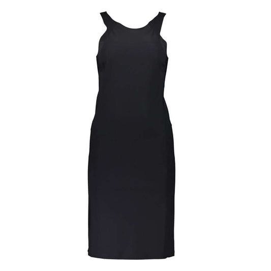 Patrizia Pepe Black Elastane Dress with wide hat straps, crew neck, and logo. Perfect for elegant occasions.