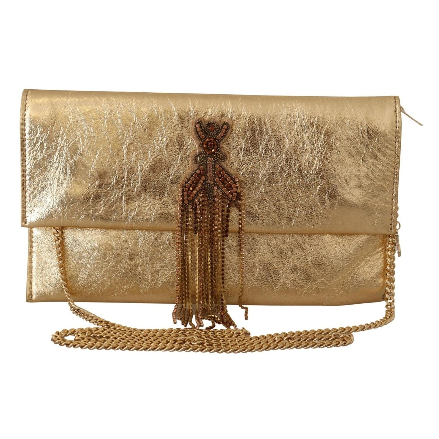 Patrizia Pepe Gold Leather Embellished Shoulder Strap Bag with missing crystal chains, featuring gold metal details and a magnetic flap closure.