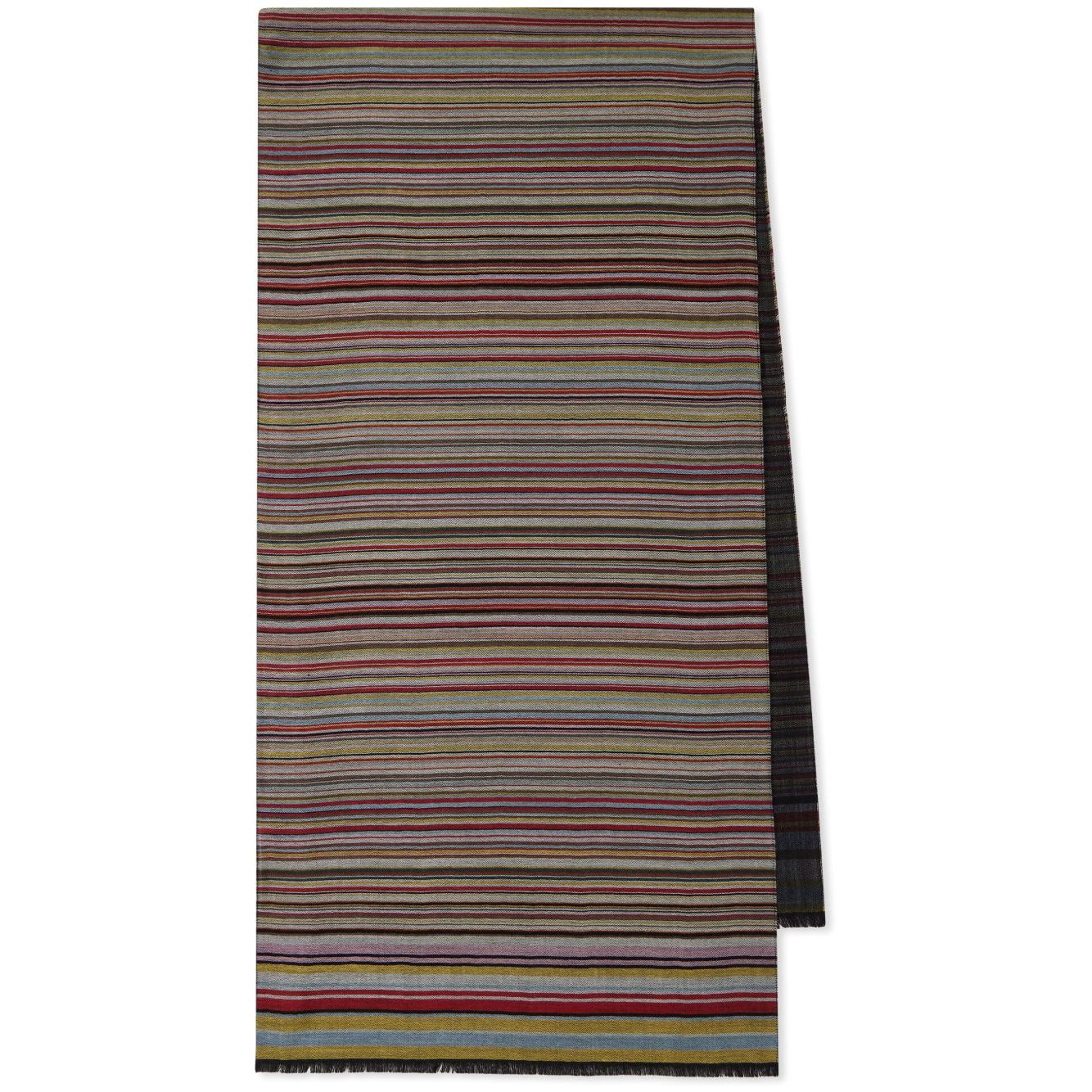 Paul Smith Signature Stripe wool and silk scarf in dark red with frayed edges, featuring a wraparound style and multicolored stripes.