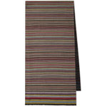 Paul Smith Signature Stripe wool and silk scarf in dark red with frayed edges, featuring a wraparound style and multicolored stripes.