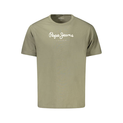 Pepe Jeans Green Cotton Men T-Shirt featuring a crew neck and short sleeves, made from 100% sustainable cotton with Pepe Jeans logo.