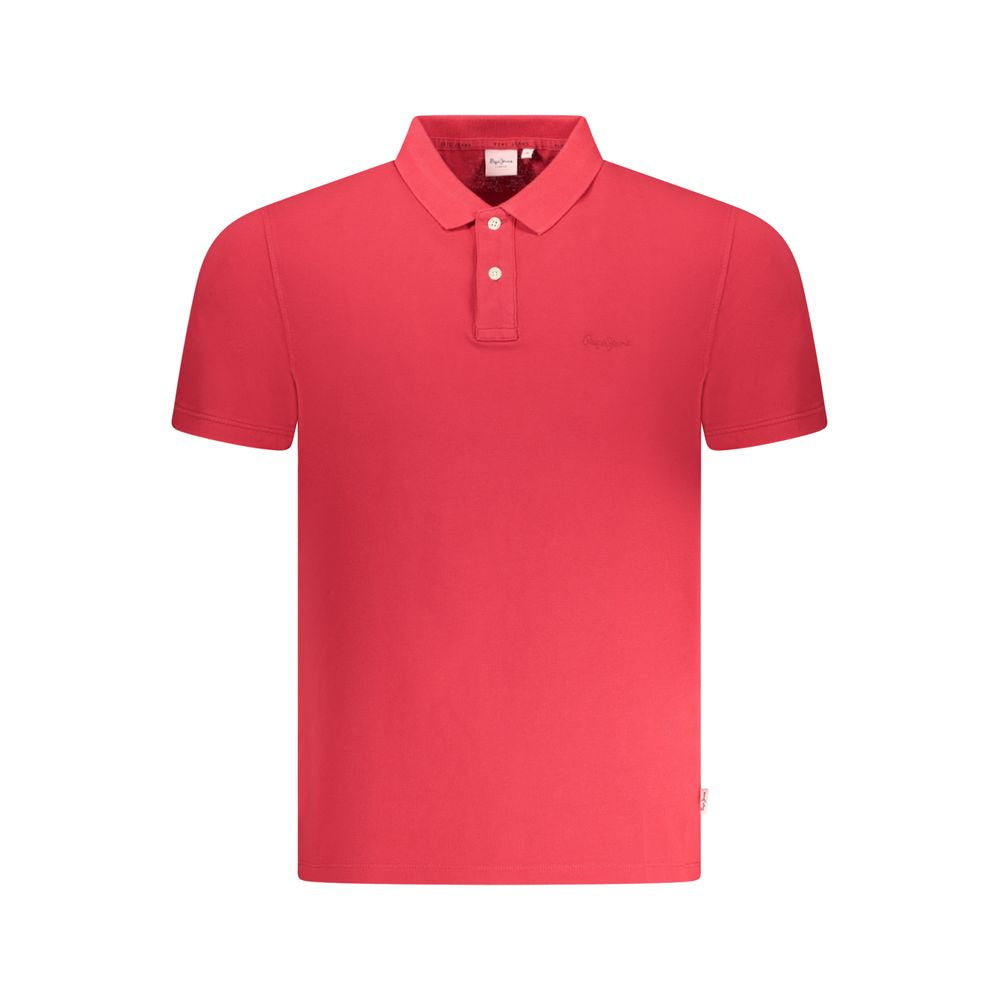 Pepe Jeans Red Cotton Men Polo Shirt front view with two-button placket and logo embroidery, short-sleeved, 100% pure cotton stylish apparel.