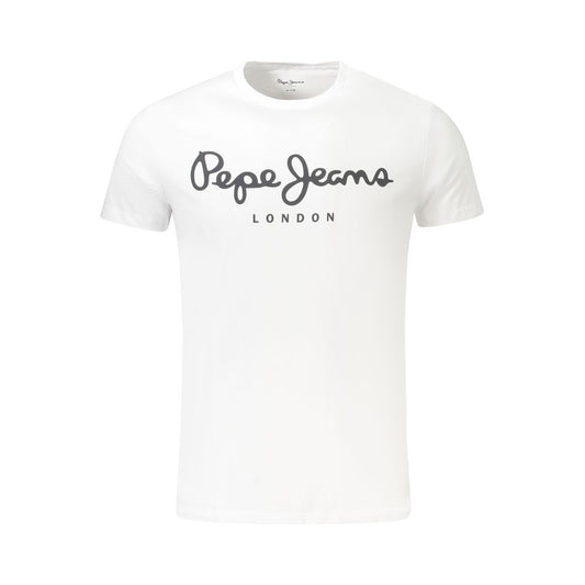 Pepe Jeans White Cotton Men TShirt with logo print, eco-friendly slim-fit crew neck in classic white.