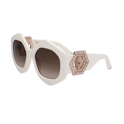 Philipp Plein White Acetate Sunglasses with brown lenses, category 3, featuring a stylish hexagonal design on the temples.