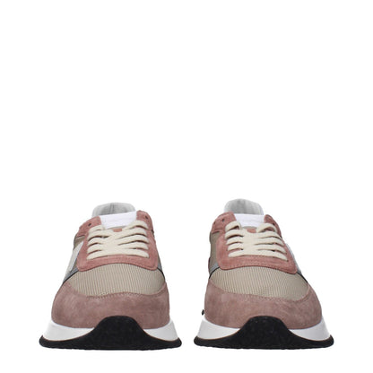 Philippe Model Beige Fabric Low Top Sneakers, front view, featuring front logo, back logo, and side detail in beige and pink hues.