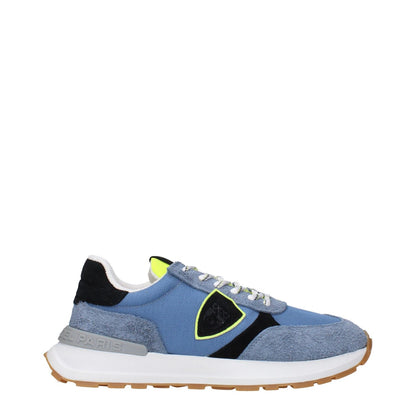 Philippe Model Blue Fabric Athletic Sneakers with vintage effect, front and back logo, side view on white background