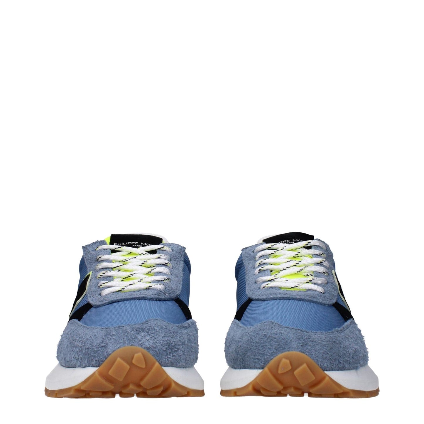 Front view of Philippe Model Blue Fabric Athletic Sneakers with logos and vintage effect.