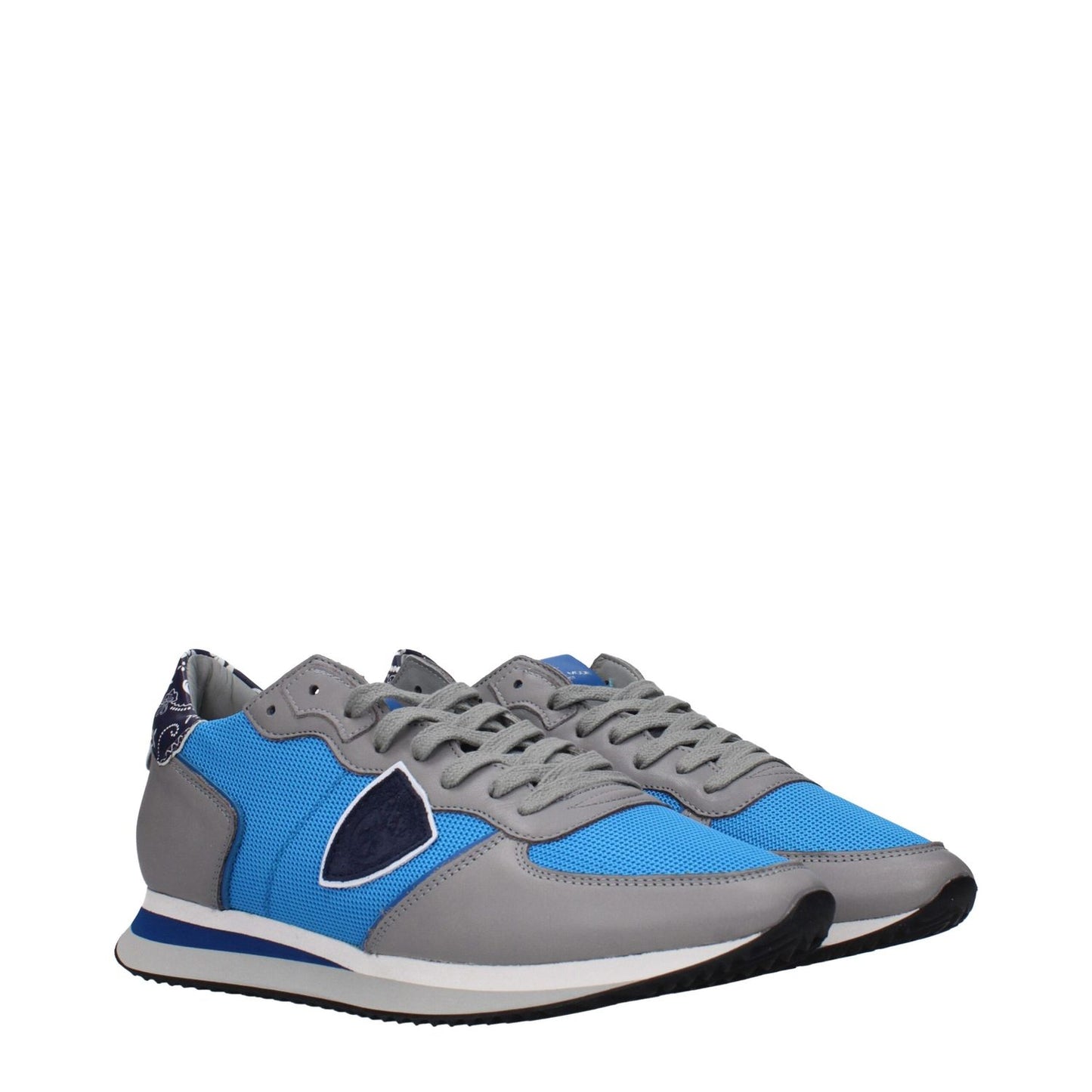 Philippe Model Blue Fabric Low Top Sneakers with front logo and side detail, featuring blue fabric and gray accents.
