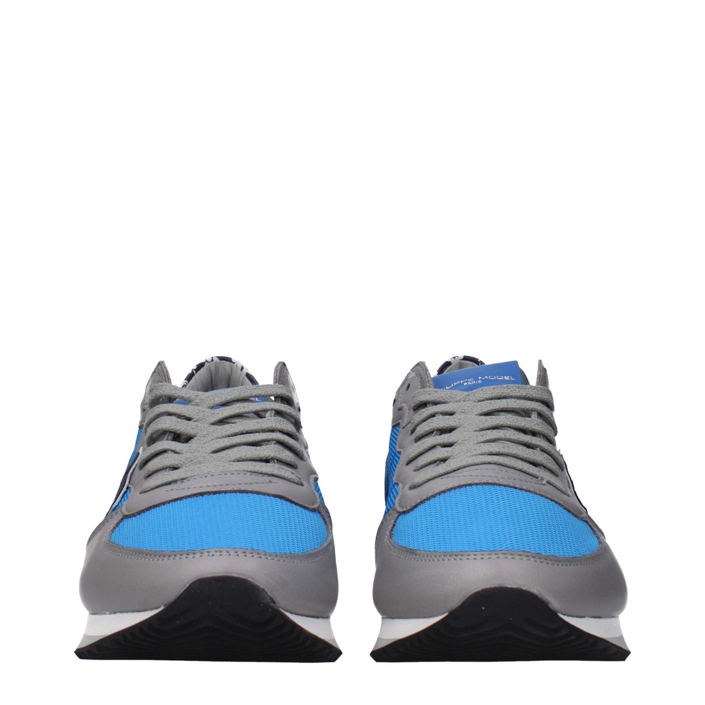 Front view of Philippe Model Blue Fabric Low Top Sneakers with grey accents and lace-up design.