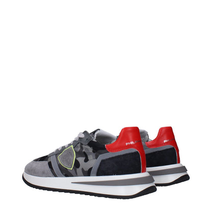 Philippe Model Gray Fabric Sneakers with logo details, featuring red and black accents, stylish and modern design.