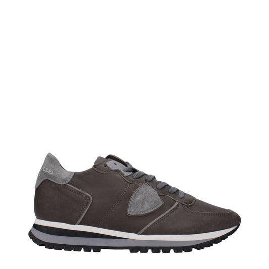 Philippe Model Gray Leather Low Top Sneakers with front and back logos, side detail, aged and vintage effect.