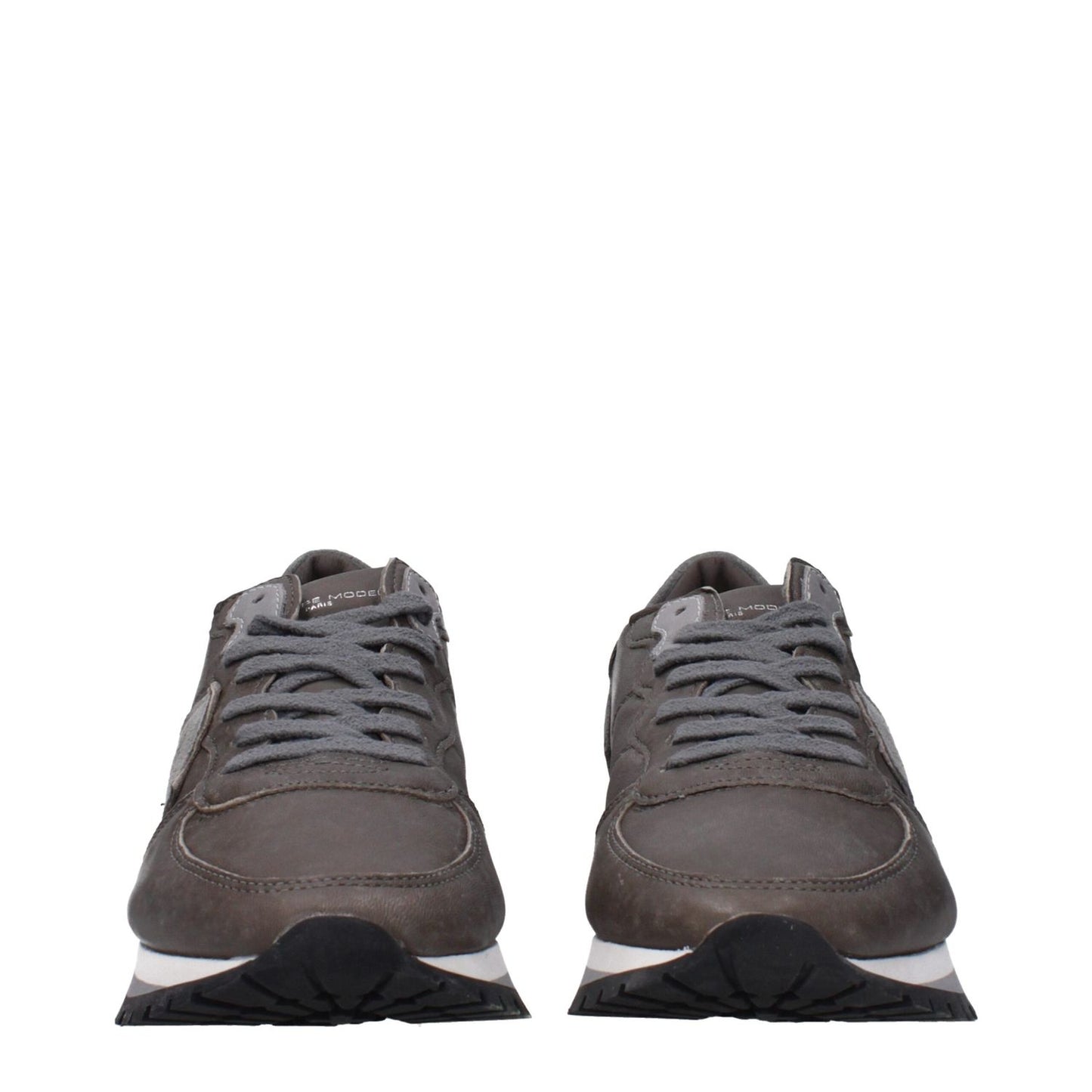 Front view of Philippe Model Gray Leather Low Top Sneakers with logos and vintage detailing.