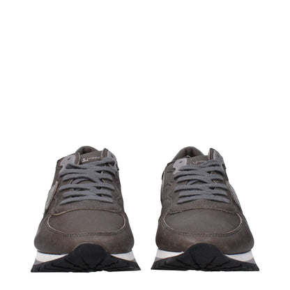 Front view of Philippe Model Gray Leather Low Top Sneakers with logos and vintage detailing.
