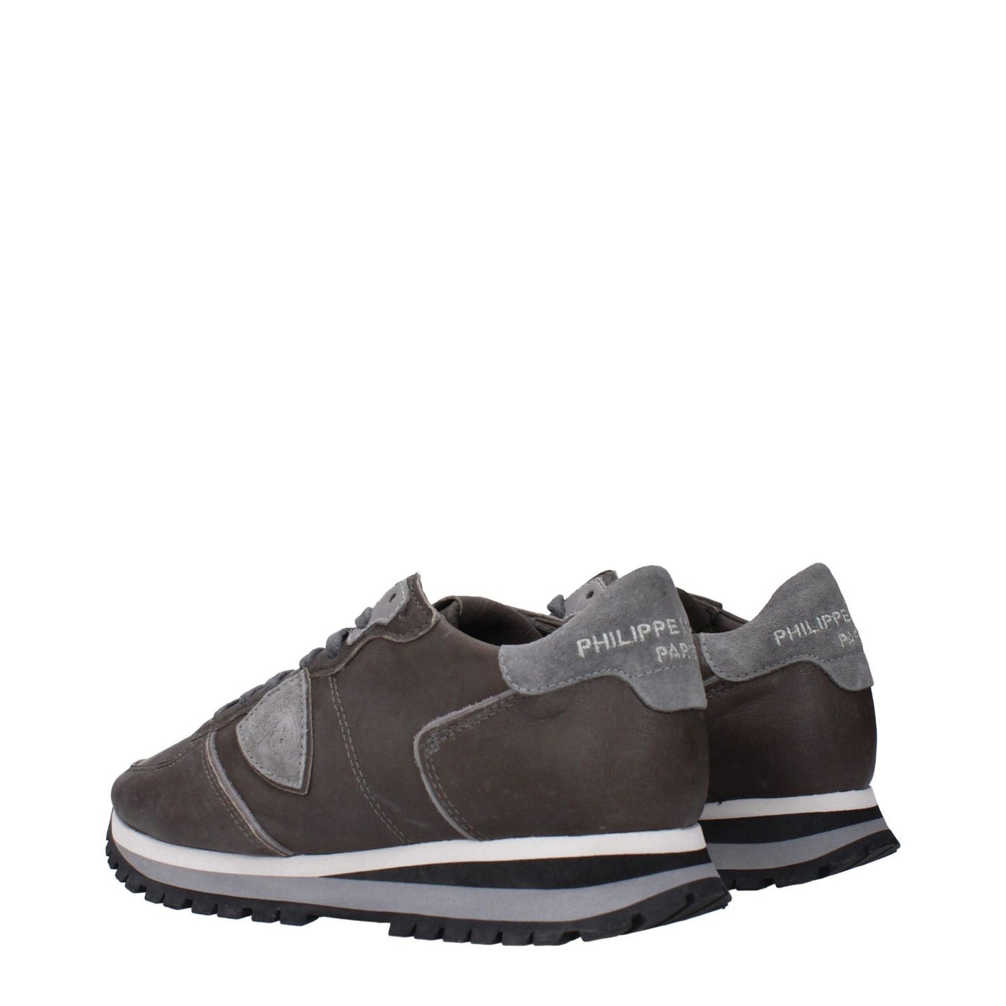 Philippe Model Gray Leather Low Top Sneakers with vintage effect, lace-up closure, and rubber sole.