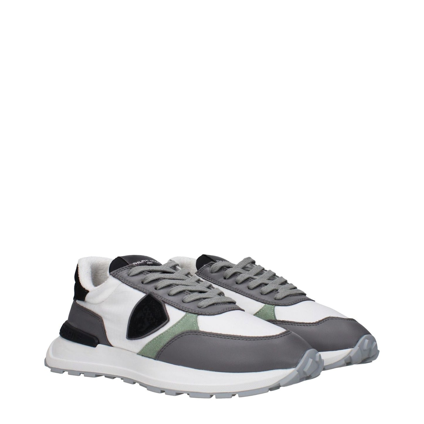 Philippe Model White Fabric Low Top Sneakers with logos, vintage effect, and grey accents.