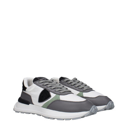 Philippe Model White Fabric Low Top Sneakers with logos, vintage effect, and grey accents.