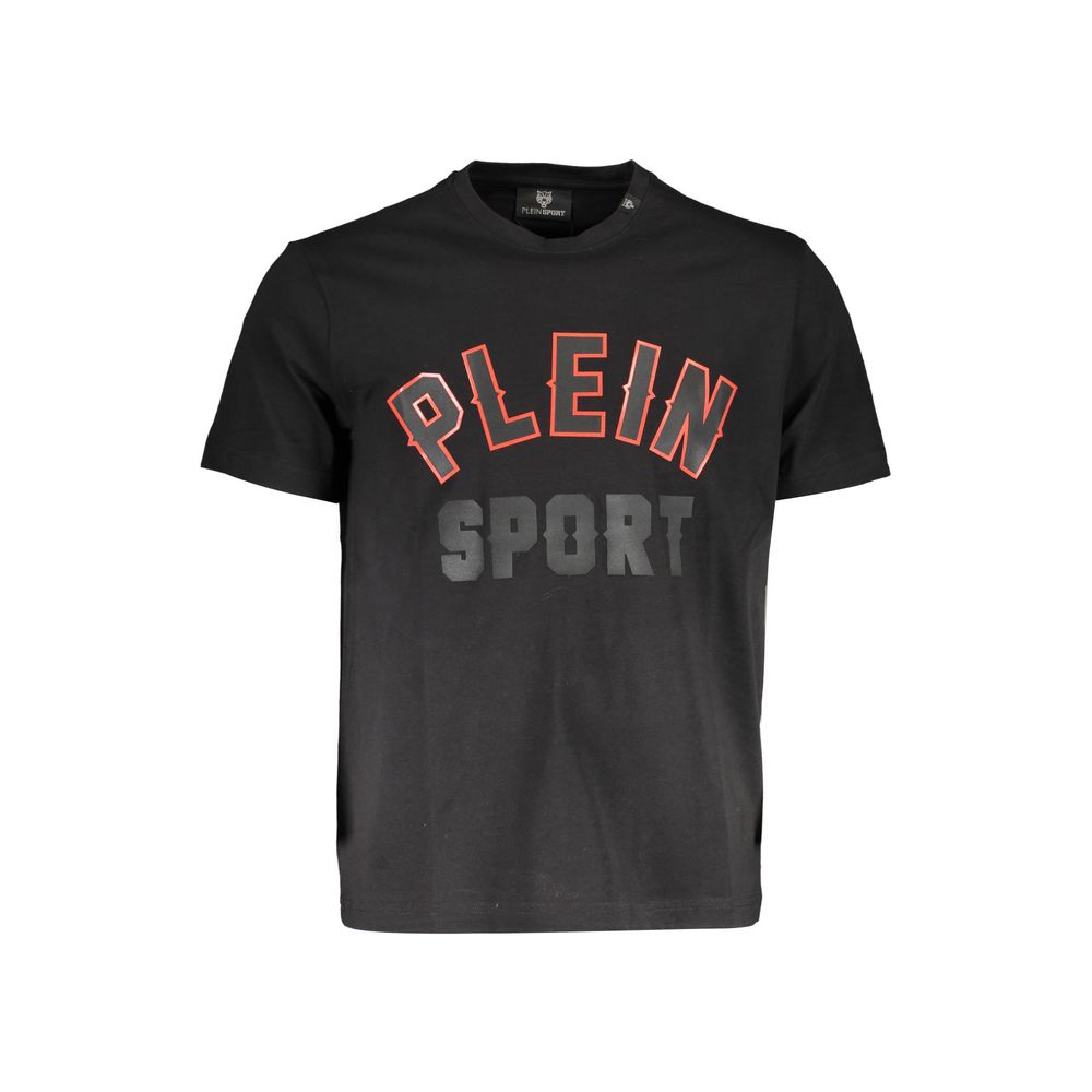 Plein Sport Black Cotton T-Shirt with short sleeves, crew neck, and logo print on the front.