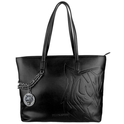 Plein Sport Black Polyethylene Women Shoulder Bag with decorative chain and metal medallion, featuring a sleek and daring design.