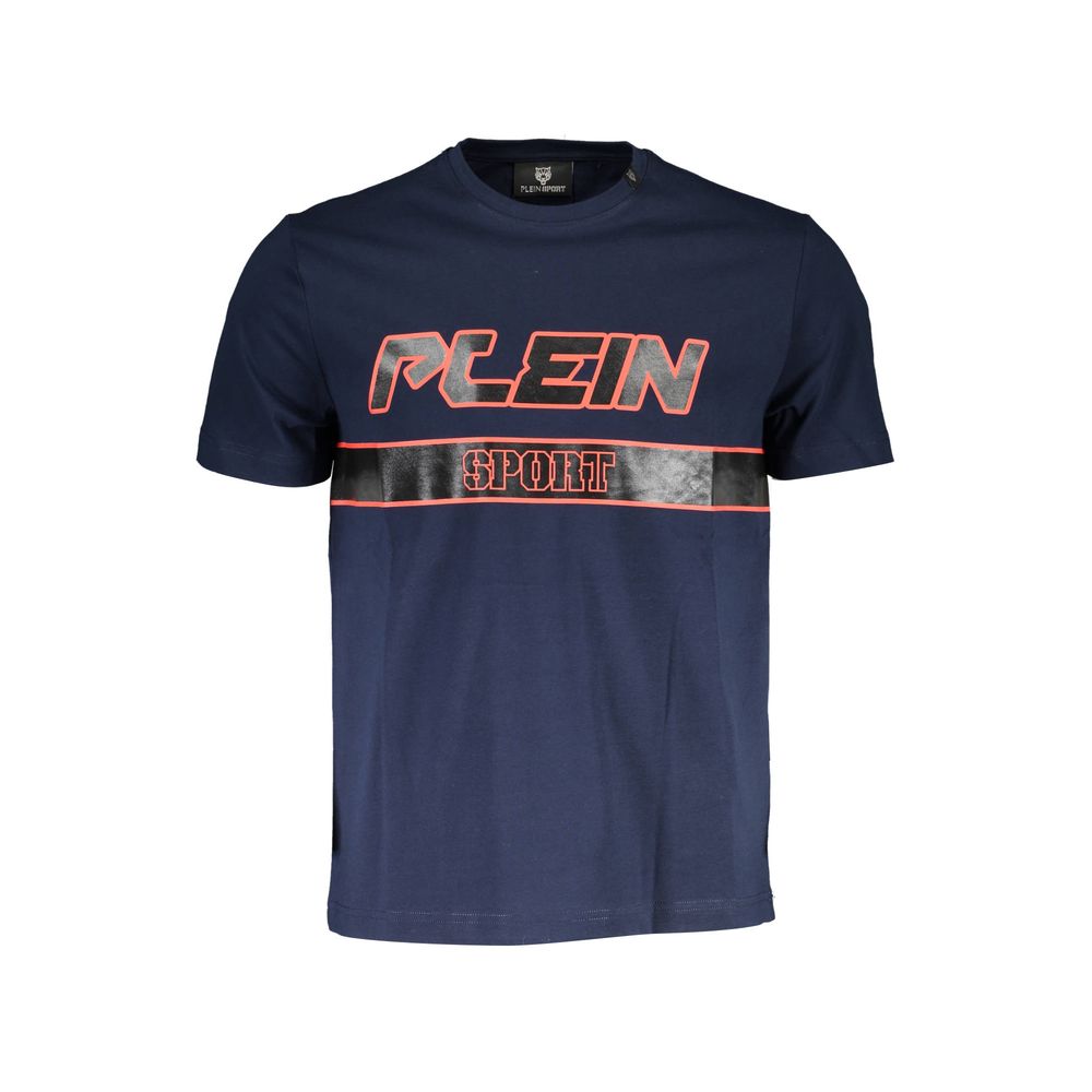 Plein Sport Blue Cotton Men T-Shirt with logo and striking print on front, short sleeve crew neck design, epitome of casual couture for men.