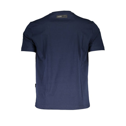 Plein Sport Blue Cotton Men T-Shirt, back view showing logo detail, crew neck design, and premium cotton fabric for stylish comfort.