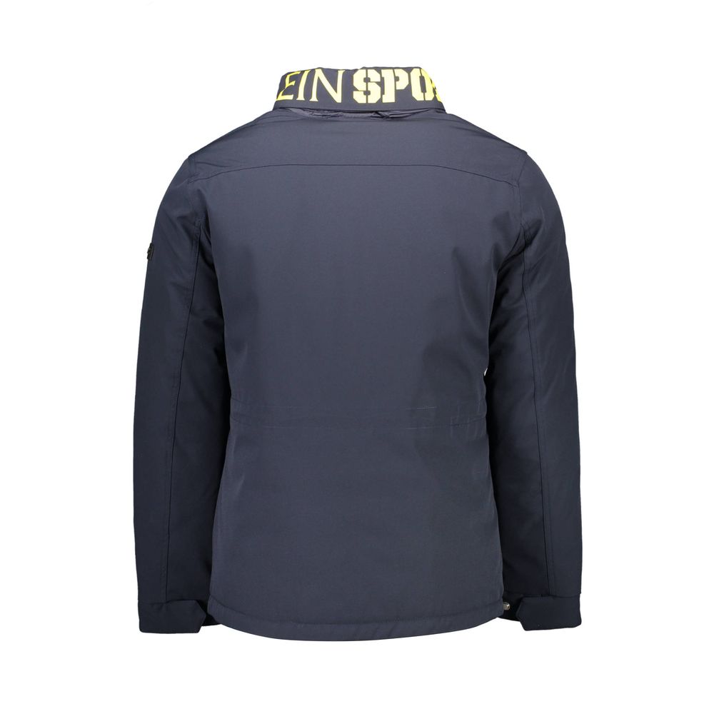 Back view of Plein Sport Blue Polyester Men's Jacket with logo on collar.