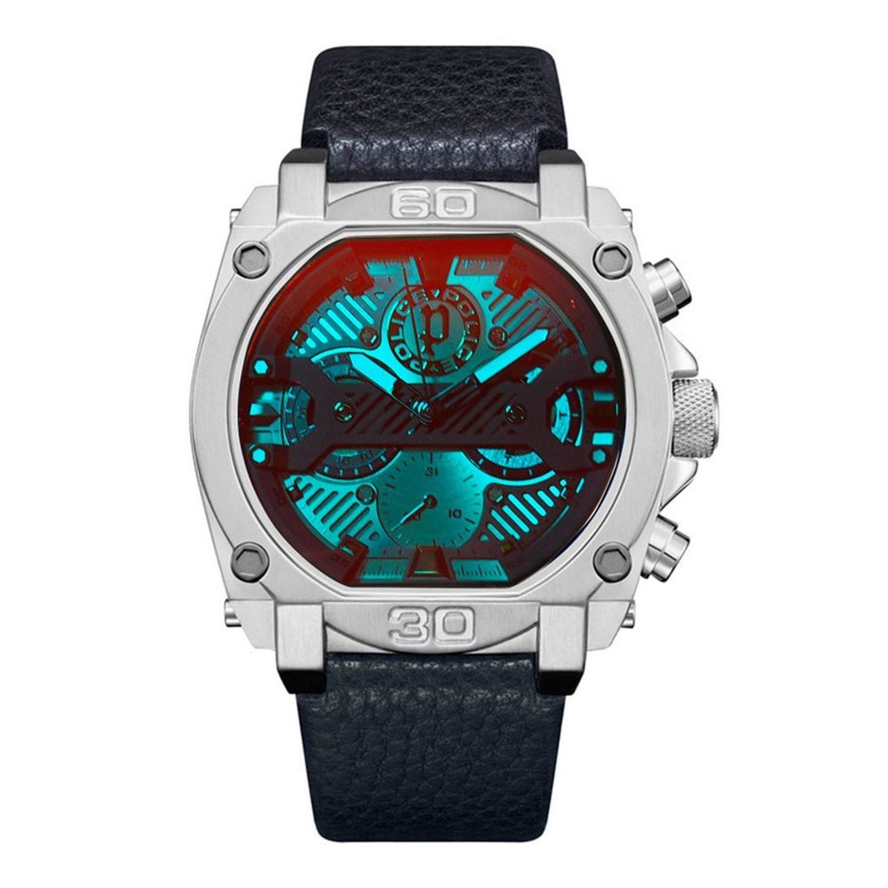 Police Blue Leather Dress Watch with stainless steel case, multicolored dial, and blue leather bracelet. Features quartz mechanism and buckle closure.