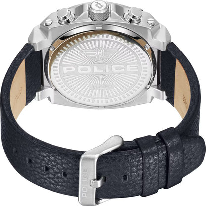 Back view of Police Blue Leather Dress Watch with stainless steel case and blue leather strap