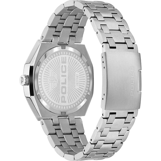 Police Silver Stainless Steel Watch with quartz mechanism and analog display, steel case and bracelet, water-resistant, 46mm silver dial.