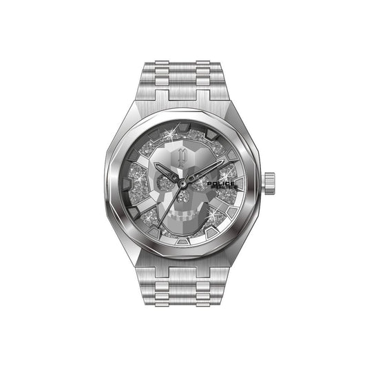 Police Silver Stainless Steel Watch with quartz mechanism, analog display, and drop-down closure, featuring a silver dial and 5ATM resistance.