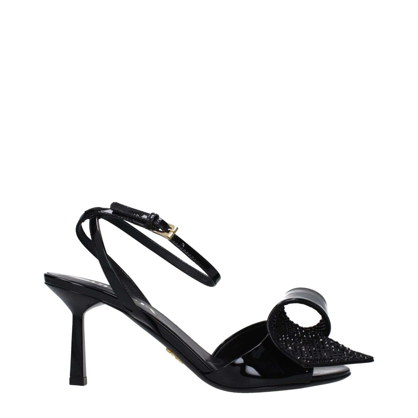 Prada Black Leather Stiletto Heel Sandals with buckle closure, open toe, mid heels, side detail, and leather sole.