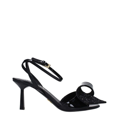 Prada Black Leather Stiletto Heel Sandals with buckle closure, open toe, mid heels, side detail, and leather sole.