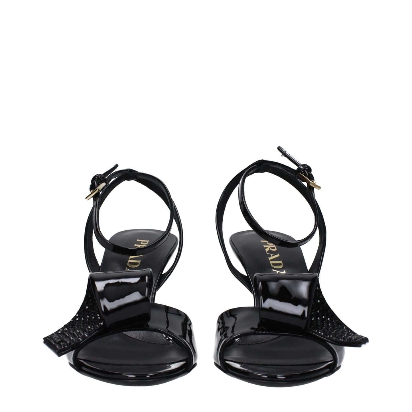 Prada Black Leather Stiletto Heel Sandals with buckle closure and open toe design, featuring mid heels and elegant side detail.