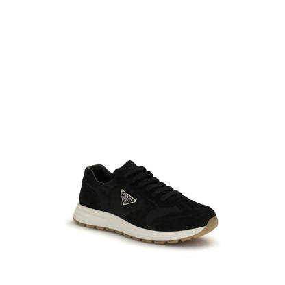 Prada Black Recycled Polyamide Athletic Sneakers with nylon lace loops and metal triangle logo
